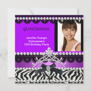 Convite Quinceanera 15 Roxo Zebra Negra Pearl Tiara