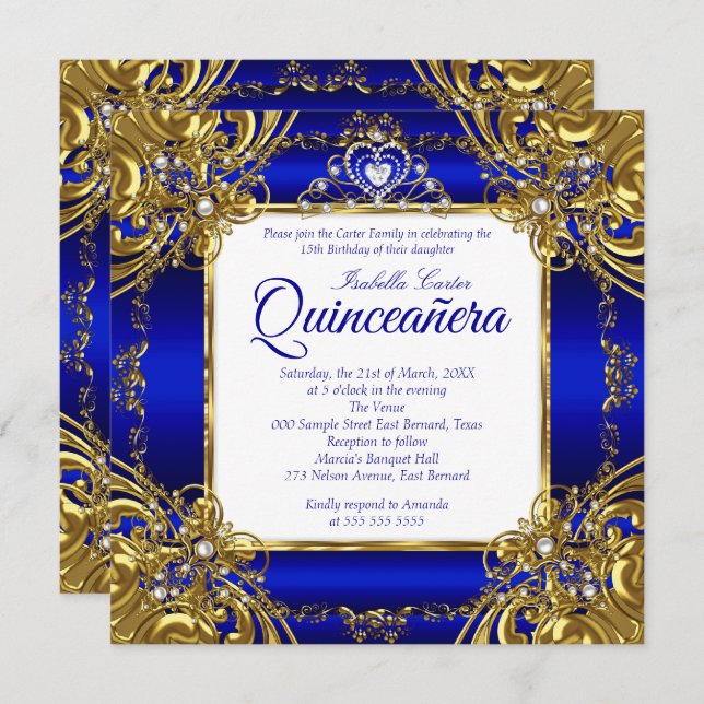 Convite Quinceanera 15 Royal Blue Pearl Tiara (Frente/Verso)