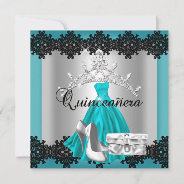 Convite Quinceanera 15 Teal Black Silver Diamond Tiara (Frente)
