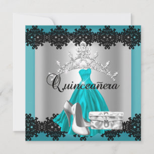Convite Quinceanera 15 Teal Black Silver Diamond Tiara