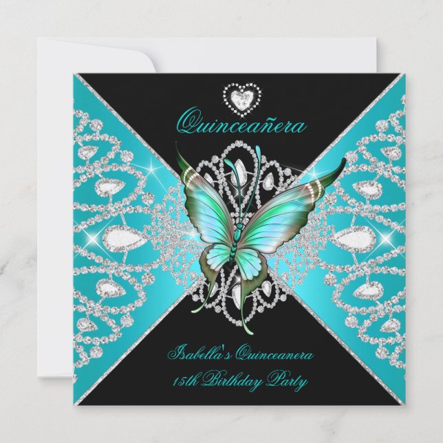 Convite Quinceanera 15 Teal Blue Borboleta Negra Tiara (Frente)