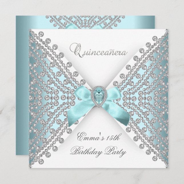 Convite Quinceanera 15 Teal Blue Faux Diamond (Frente/Verso)