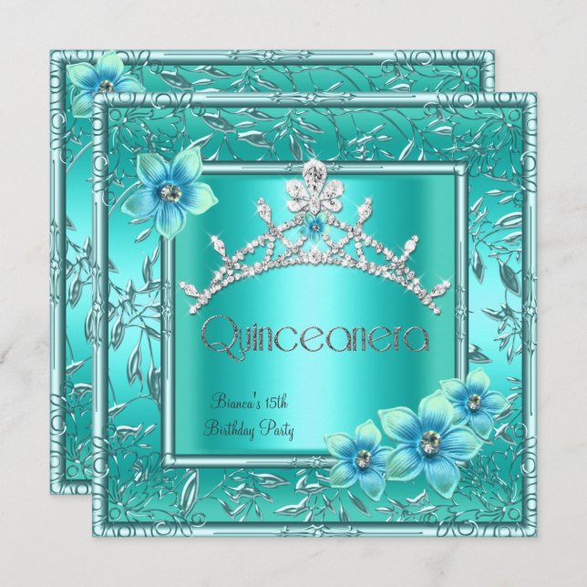 Convite Quinceanera 15 Teal Blue Flower Silver Tiara (Frente/Verso)