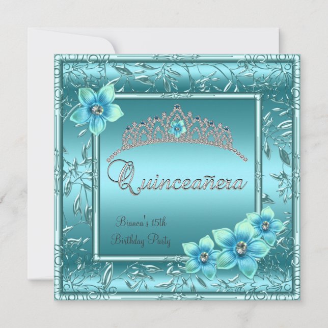 Convite Quinceañera 15 Teal Blue Flower Silver Tiara (Frente)