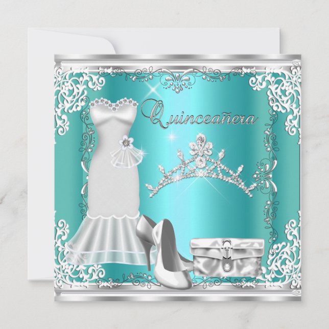 Convite Quinceanera 15 Teal Blue Silver Diamond Tiara (Frente)