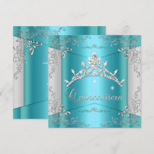 Convite Quinceanera 15 Teal Blue Silver Tiara