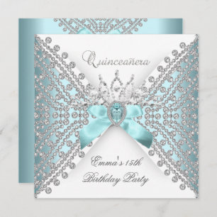 Convite Quinceanera 15 Teal Blue Silver White Diamond