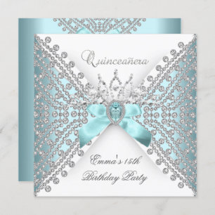 Convite Quinceanera 15 Teal Blue Silver White Diamond