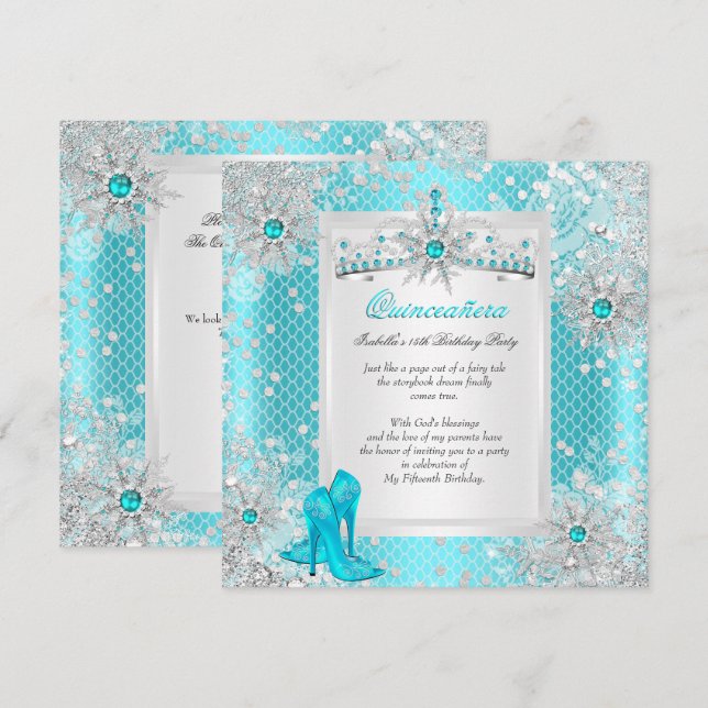 Convite Quinceanera 15 Teal Blue Winter Wonderland (Frente/Verso)