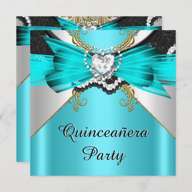 Convite Quinceanera 15 Teal Dourado Lace Jeweled Party (Frente/Verso)