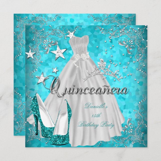 Convite Quinceanera 15 Teal Shimmer Glitter (Frente/Verso)