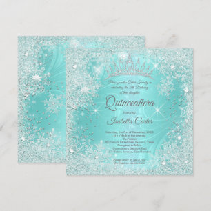 Convite Quinceanera 15 Teal Snowflake Winter Wonderland