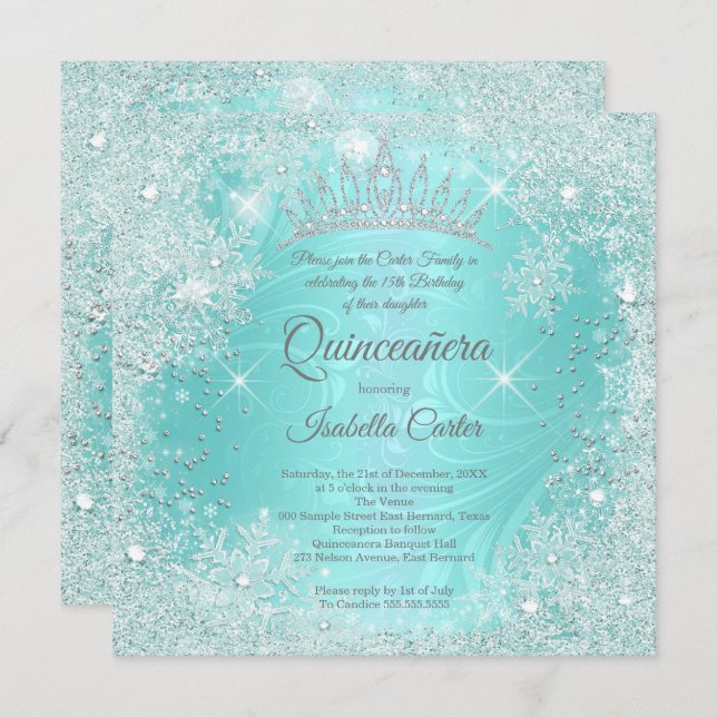 Convite Quinceanera 15 Teal Snowflake Winter Wonderland (Frente/Verso)
