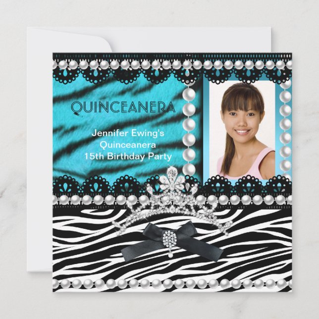 Convite Quinceanera 15 Teal Zebra Negra Teal Tiara (Frente)