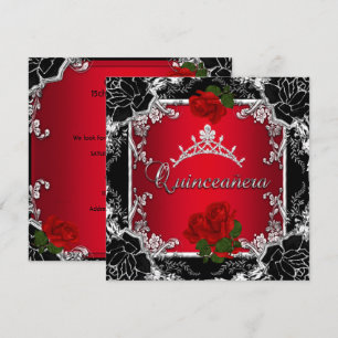 Convite Quinceañera 15 Tiara Preto Prata Rosa Vermelha Flo