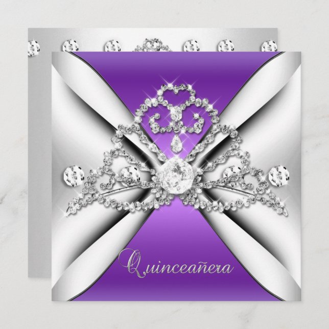 Convite Quinceanera 15 Tiara Purple Silver White (Frente/Verso)