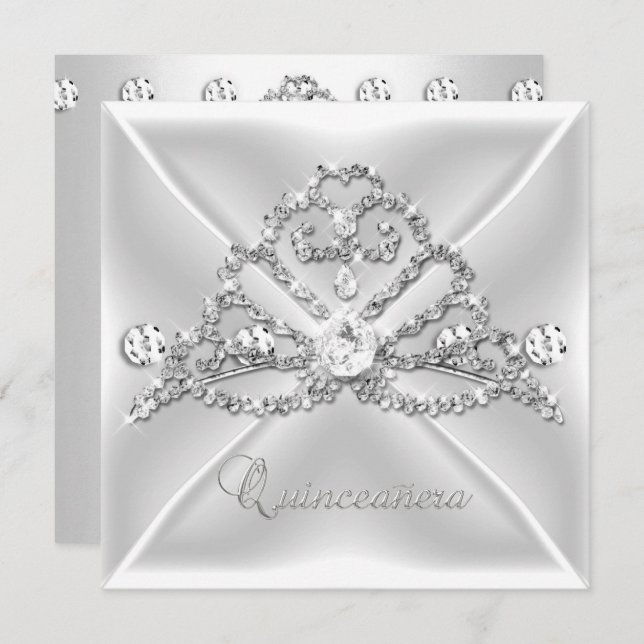 Convite Quinceanera 15 Tiara Silver White Diamond 2 (Frente/Verso)