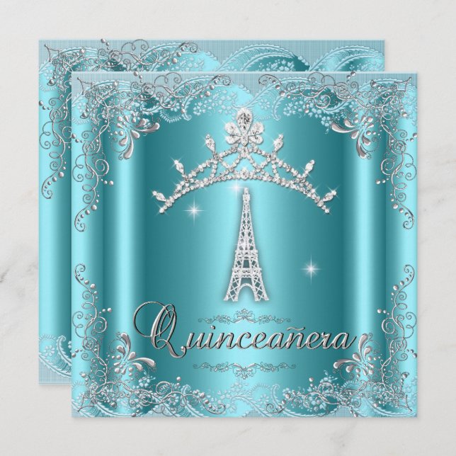 Convite Quinceanera 15 Torre Azul Teal de Prata Tiara Eiff (Frente/Verso)