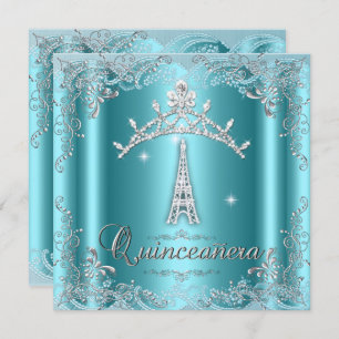 Convite Quinceanera 15 Torre Azul Teal de Prata Tiara Eiff