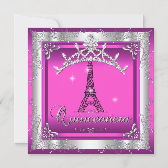 Convite Quinceanera 15 Torre de Prata Rosa Tiara Eiffel (Frente)