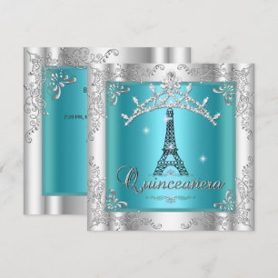 Convite Quinceanera 15 Turquesa Prata Tiara Torre Eiffel