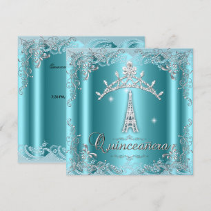 Convite Quinceanera 15 Turquesa Prata Tiara Torre Eiffel