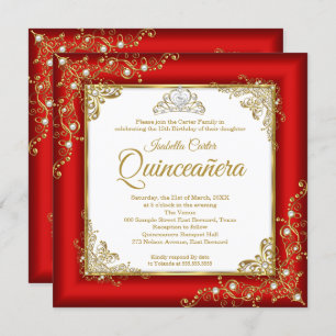 Convite Quinceanera 15 Vermelho Dourado Pérola Branca, Tia