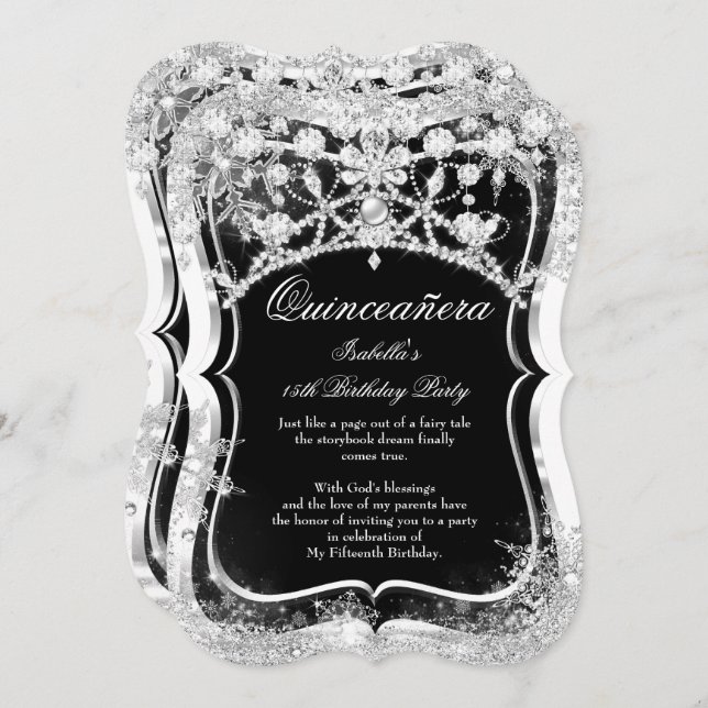 Convite Quinceanera 15 Winter Wonderland Black Silver (Frente/Verso)