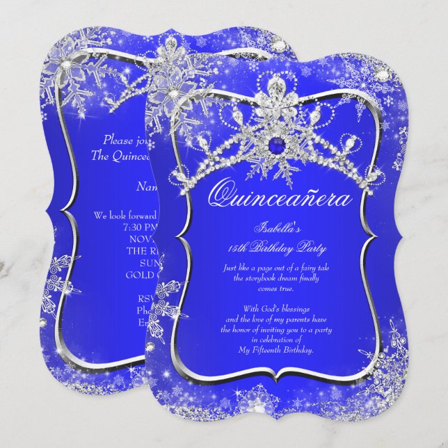 Convite Quinceanera 15 Winter Wonderland Royal Blue (Frente/Verso)