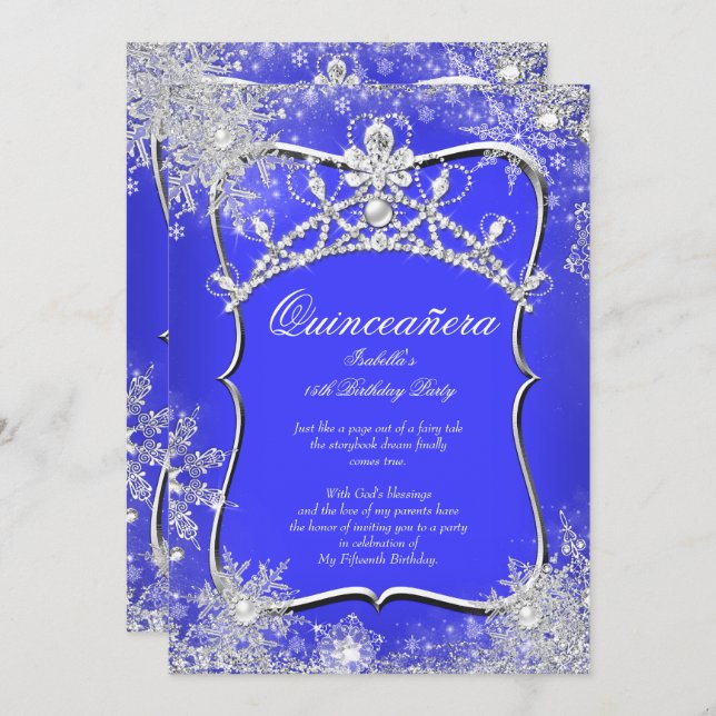Convite Quinceanera 15 Winter Wonderland Royal Blue (Frente/Verso)