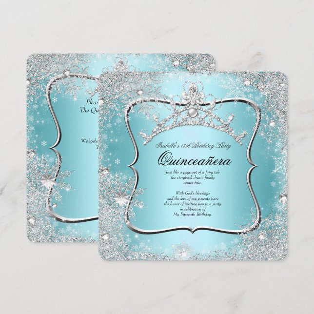Convite Quinceanera 15 Winter Wonderland Silver Blue (Frente/Verso)