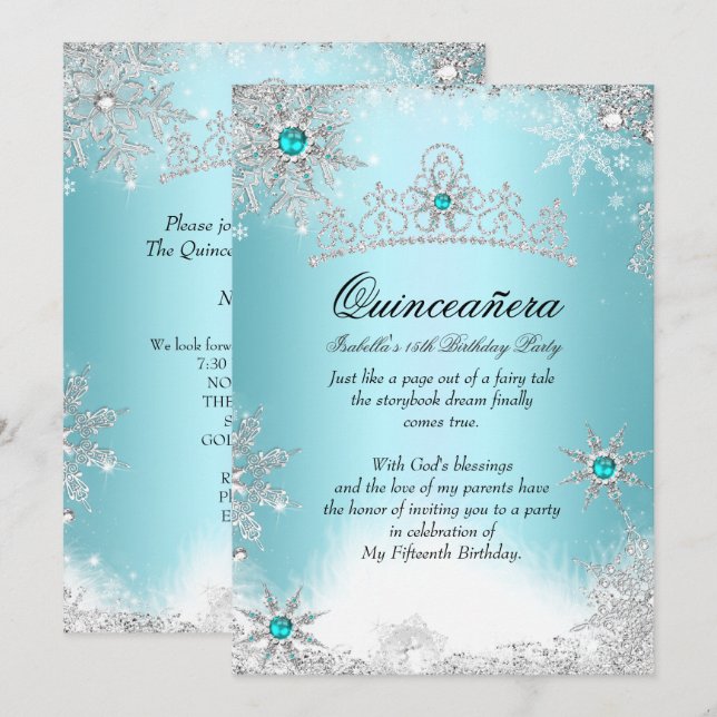 Convite Quinceanera 15 Winter Wonderland Silver Blue 2 (Frente/Verso)