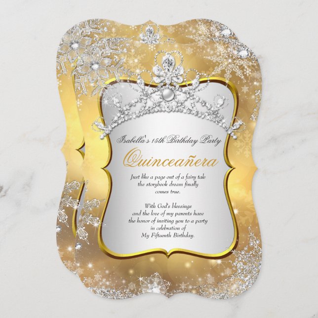 Convite Quinceanera 15 Winter Wonderland Silver Dourado (Frente/Verso)
