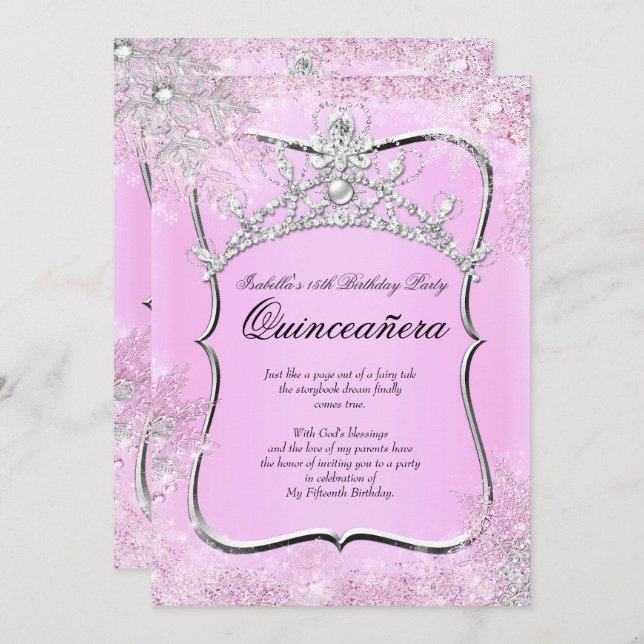 Convite Quinceanera 15 Winter Wonderland Silver Pink (Frente/Verso)