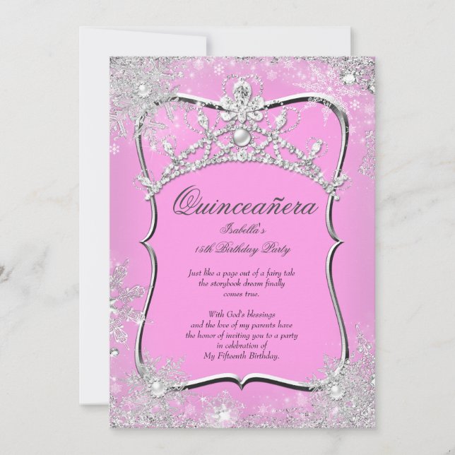 Convite Quinceanera 15 Winter Wonderland Silver Pink (Frente)