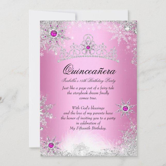 Convite Quinceanera 15 Winter Wonderland Silver Pink (Frente)