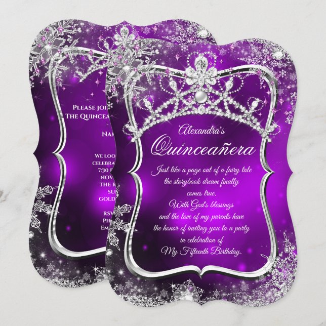 Convite Quinceanera 15 Winter Wonderland Silver Puro (Frente/Verso)