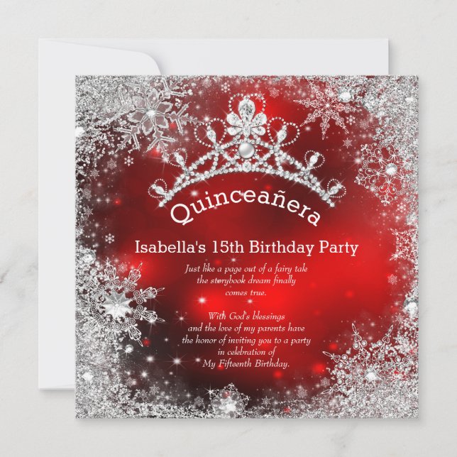 Convite Quinceanera 15 Winter Wonderland Silver Red (Frente)