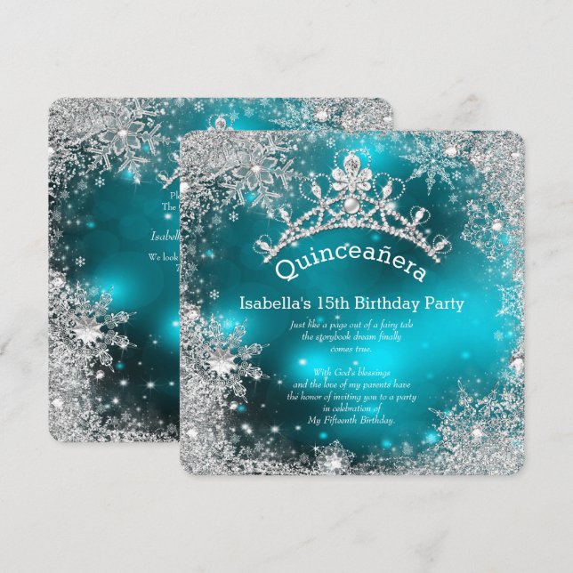 Convite Quinceanera 15 Winter Wonderland Silver Teal (Frente/Verso)