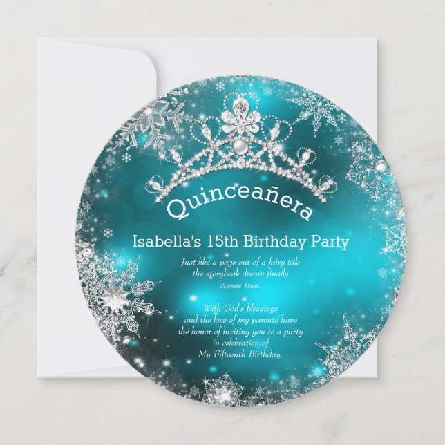 Convite Quinceanera 15 Winter Wonderland Silver Teal (Frente)