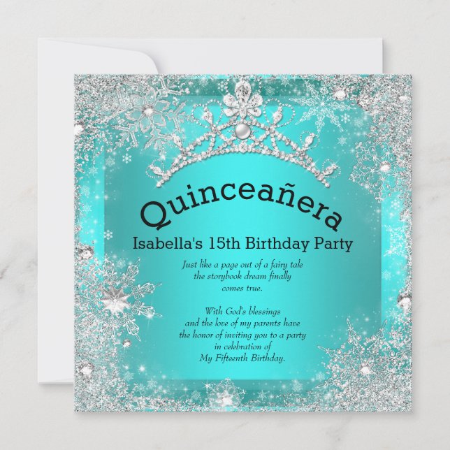 Convite Quinceanera 15 Winter Wonderland Silver Teal 2 (Frente)