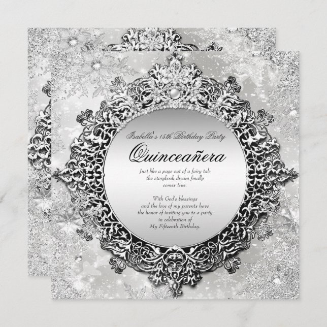 Convite Quinceanera 15 Winter Wonderland Silver White (Frente/Verso)