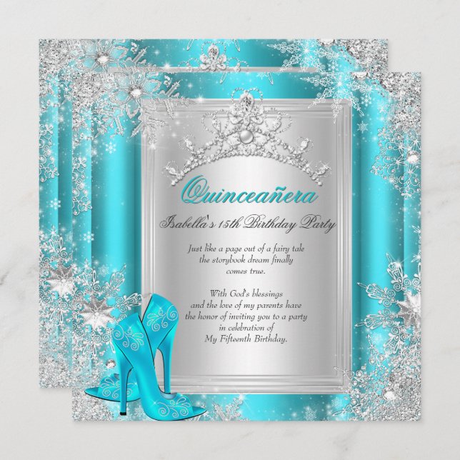 Convite Quinceanera 15 Winter Wonderland Teal Aqua (Frente/Verso)