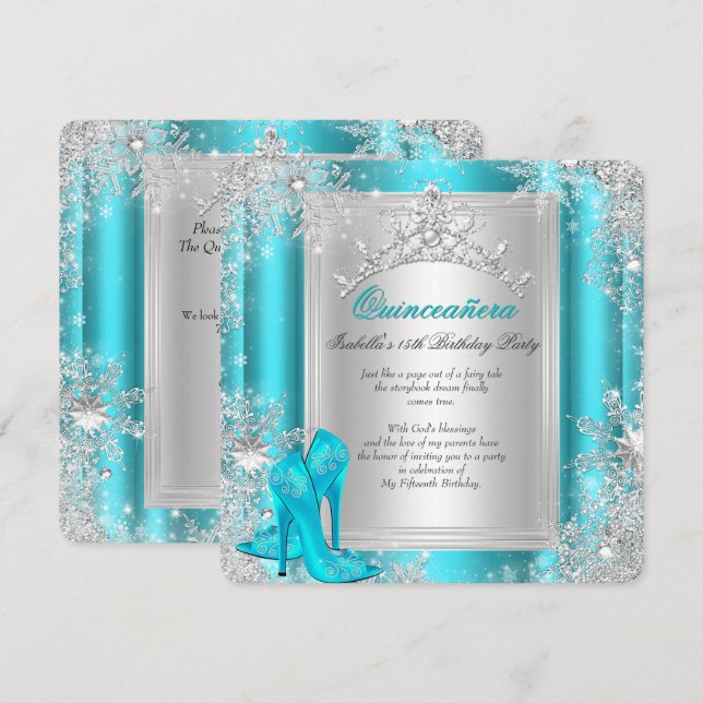 Convite Quinceanera 15 Winter Wonderland Teal Aqua (Frente/Verso)