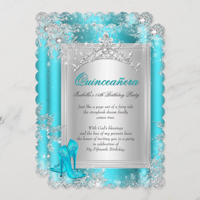 Convite Quinceanera 15 Winter Wonderland Teal Aqua (Frente/Verso)