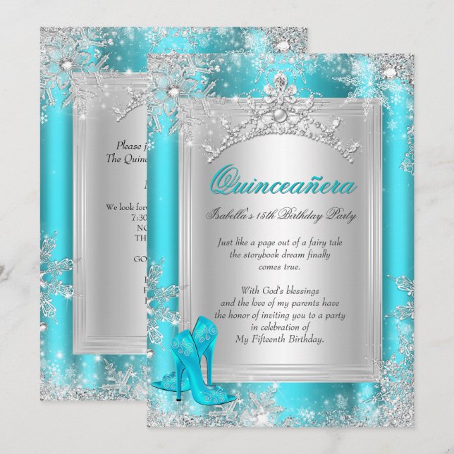 Convite Quinceanera 15 Winter Wonderland Teal Aqua (Frente/Verso)