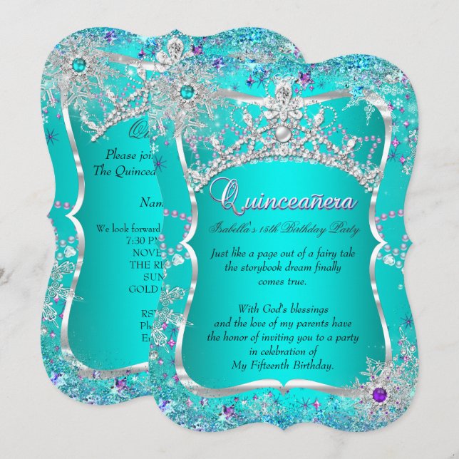 Convite Quinceanera 15 Winter Wonderland Teal Roxo (Frente/Verso)