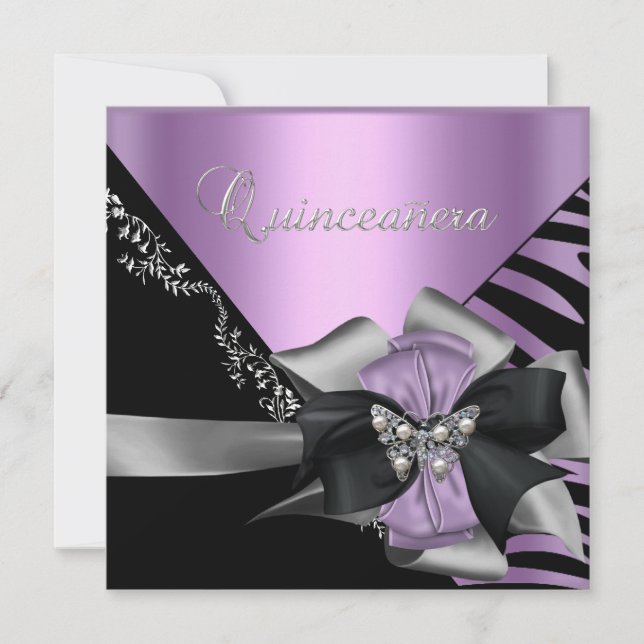 Convite Quinceanera 15 Zebra Lilac Púrpura Prata Negra (Frente)