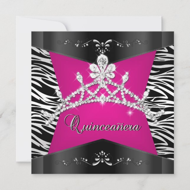 Convite Quinceanera 15 Zebra Pink Prata Preta Tiara (Frente)