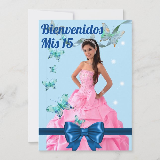 Convite  QUINCEAÑERA 15th BIRTHDAY CARD, BLUE BUTTERFLY (Frente)
